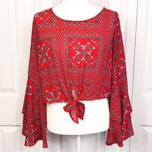 Altar’d State Red Boho Print MacKenzie Bell Sleeve Crop Top Medium